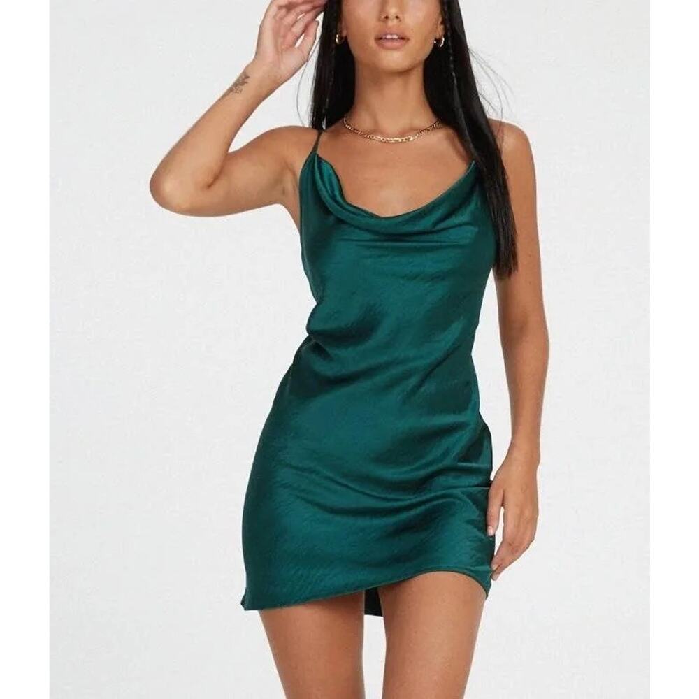 Paiva Corest green Satin Mini Dress Cowl Neck Sexy Bodycon Dress,S, Motel Rocks